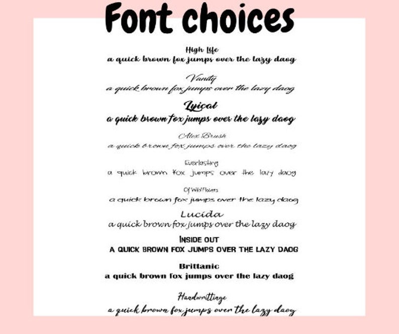 May include: A list of different fonts displayed with the phrase "a quick brown fox jumps over the lazy daog" in each font style.