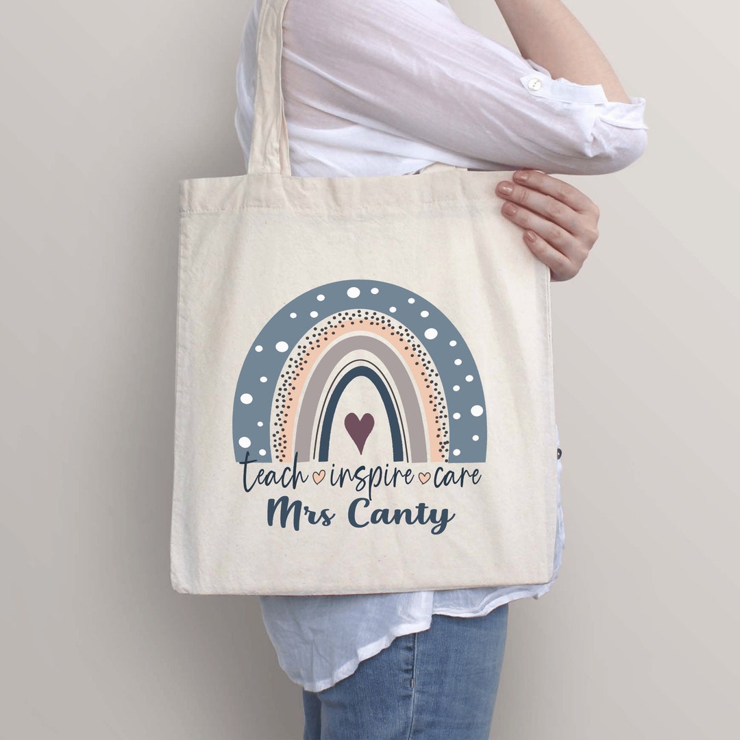 Grey Rainbow Teacher Tote Bag - Personalised Gift for Teachers - Custom ...