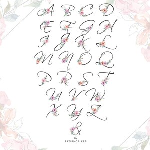May include: A set of 26 alphabet letters with floral embellishments. Each letter is in a cursive font and decorated with watercolor flowers in shades of pink, purple, and peach.