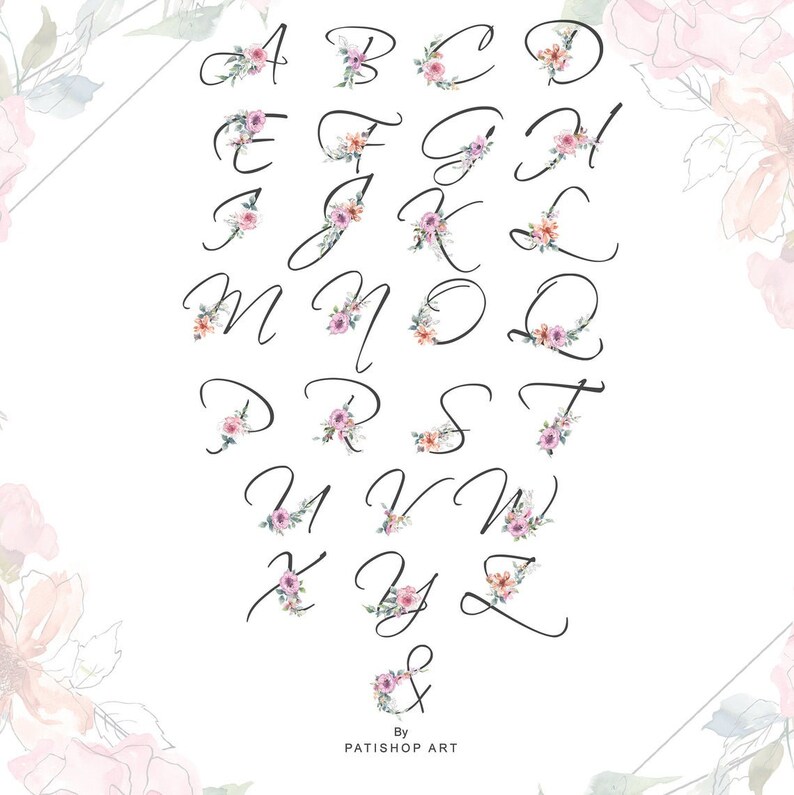 May include: A set of 26 alphabet letters with floral embellishments. Each letter is in a cursive font and decorated with watercolor flowers in shades of pink, purple, and peach.