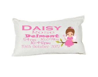 Personalised Birth Details Fairy Pillow - Customised Printed Name Pillow and Pillow insert.