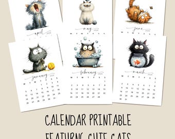 Calendario da tavolo stampabile con gatti 2026, mini calendario acquerello, 4x6 pollici, inizio lunedì
