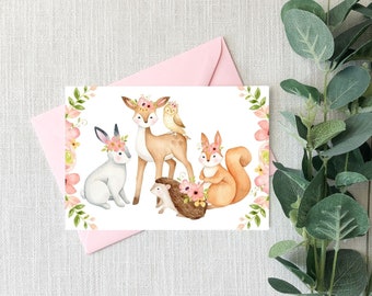 Printable Blank Woodland Animals Card, Neutral Animals Greeting Card, Watercolor digital greeting card, Instant Download