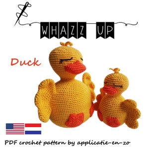May include: A crochet pattern for a yellow duck with closed eyes. The pattern is available in both English and Dutch. The pattern is called "Whazz Up Duck".