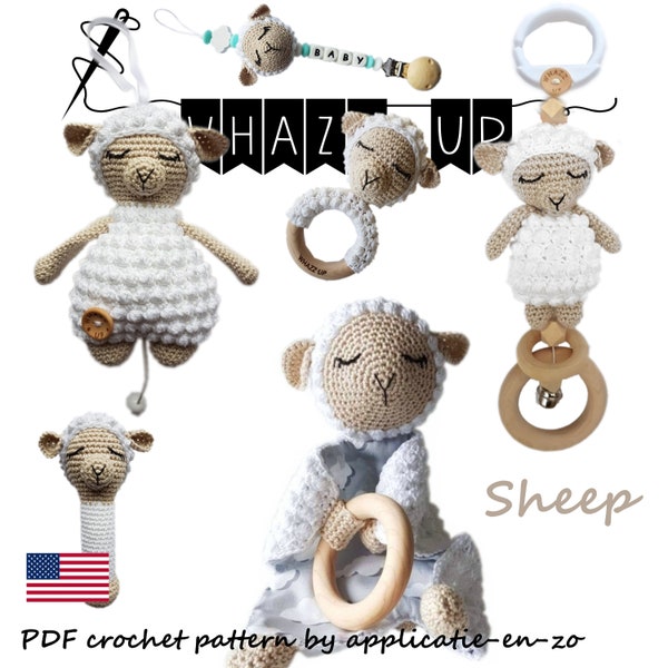 Set crochet patterns Toy | Teether | Lovey | Rattle | Musicbox| Pacifier | Mobile | Stroller chain | Pramchain | Sheep (PDF) US terms