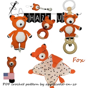May include: A crochet pattern for a fox toy. The pattern includes instructions for making a fox rattle, a fox teether, a fox security blanket, and a fox hanging toy. The pattern is available as a PDF download.