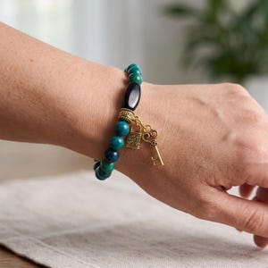 Ocean Breeze Bracelet - Teal and Blue Marbled Jewelry - Coastal Boho Stacking Bracelet - Gold Lock & Key Charm - Gift for Her