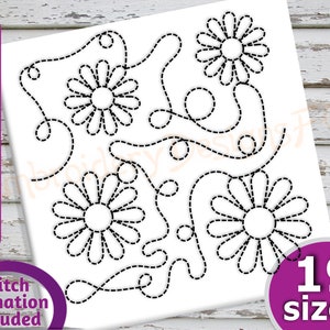 May include: A black and white digital embroidery design of four stylized daisy flowers with a swirl pattern. The design is available in 19 sizes.