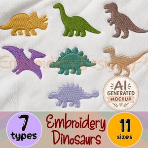 May include: Seven embroidered dinosaur designs on white fabric, including a yellow triceratops, green brachiosaurus, brown tyrannosaurus, purple pterodactyl, teal stegosaurus, tan raptor, and light purple ankylosaurus with AI generated mockup text.