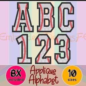 May include: Applique alphabet and numbers in a baseball theme. The letters A, B, C and numbers 1, 2, 3 are shown in a gray color with a black outline and red stitching. The text "Applique Alphabet" is below the letters and numbers.