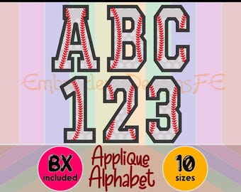 Baseball Alphabet Applique Font | Narrow Satin Letters | 10 Sizes | BX Included | Machine Embroidery File
