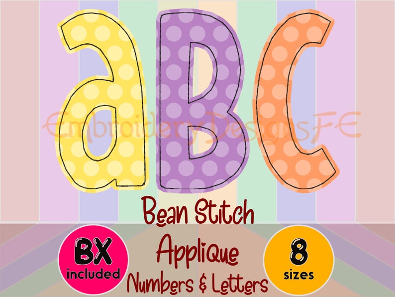 Bean Stitch Applique Alphabet, Narrow Applique Letters & Numbers, Applique Font, Embroidery Font, Machine Applique image 1