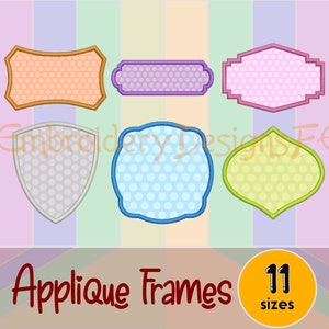Peut inclure: Six cadres d'applique différents avec des motifs de pois dans différentes couleurs, notamment orange, violet, rose, gris, bleu et vert. Les cadres sont soulignés d'une couleur contrastante. Le texte "Applique Frames" et "11 tailles" est sous les cadres.