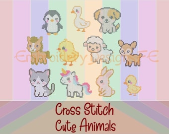 Cross Stitch Cute Animal Embroidery Design Bundle, Kawaii Baby Animals, Nursery Embroidery Designs, Machine Embroidery