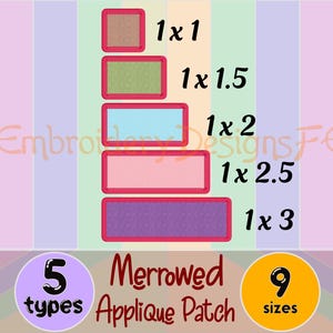 May include: Image featuring five rectangular applique patches in shades of brown, green, blue, pink, and purple, each with a red border. Sizes are listed as 2.54cm x 2.54cm, 2.54cm x 3.81cm, 2.54cm x 5.08cm, 2.54cm x 6.35cm, and 2.54cm x 7.62cm. The text "Merrowed Applique Patch" is also present.