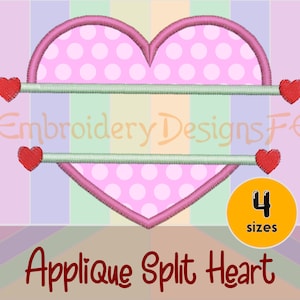 Puede incluir: Diseño de bordado de aplique de corazón rosa con lunares blancos y dos corazones rojos a cada lado. El corazón está dividido horizontalmente en dos mitades con dos líneas. El texto "Embroidery Designs FE" está en el centro de la imagen. El texto "4 tamaños" está en un círculo amarillo debajo del corazón. El texto "Applique Split Heart" está debajo del círculo.