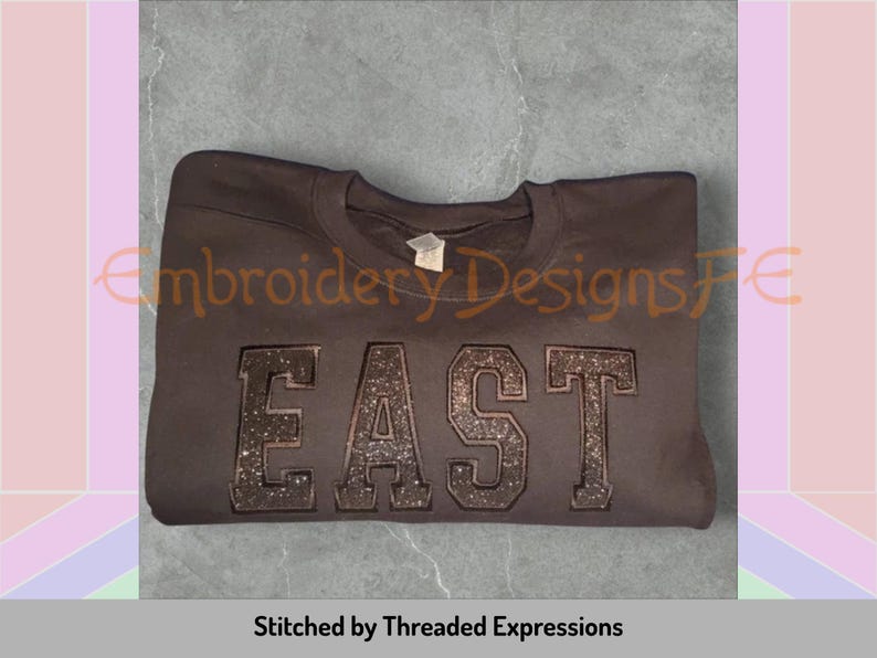 May include: A brown sweatshirt with the word "EAST" embroidered in black glitter on the front.