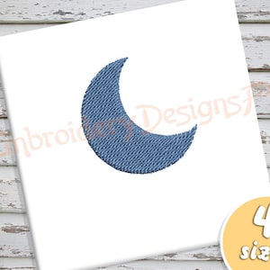 May include: A blue denim crescent moon embroidery design. The design is available in four sizes.