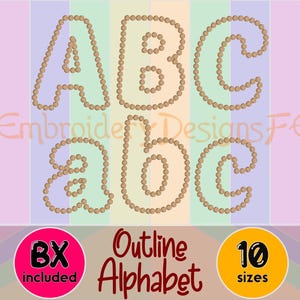 Puede incluir: La imagen muestra las letras mayúsculas y minúsculas A, B y C, delineadas con pequeños círculos de color marrón claro. Las palabras "Outline Alphabet" están escritas en cursiva. La imagen también incluye el texto "BX included" y "10 sizes".
