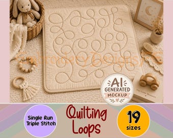 May include: A square beige quilted mat featuring a continuous dark brown stitched loop pattern. The mat is surrounded by a crocheted rabbit, wooden rings, a small wooden car, a brush, and a framed picture with a moon illustration.