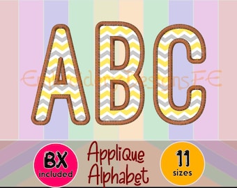 Puede incluir: Diseño de bordado de alfabeto appliqué con las letras A, B y C en un patrón de chevron amarillo y gris. El diseño incluye 11 tamaños y está disponible para descarga instantánea.