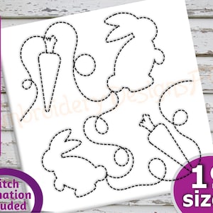 Könnte beinhalten: Schwarzweißes Linienkunstdesign eines Kaninchens, einer Karotte und eines Wirbels. Das Design besteht aus gestrichelten Linien und ist in 19 Größen erhältlich. Stichanimation ist enthalten.