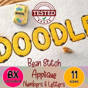 May include: A set of 11 sizes of applique letters and numbers in a bean stitch style. The letters spell out "DOODLE" in yellow with black stitching. The image also includes a small toy car and a small toy dog.