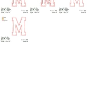 May include: Four different sizes of an embroidered letter M in pink and white. The letter M is outlined in white and filled in with pink. The sizes are 2.5 inches, 2 inches, 3 inches, and 3.5 inches.