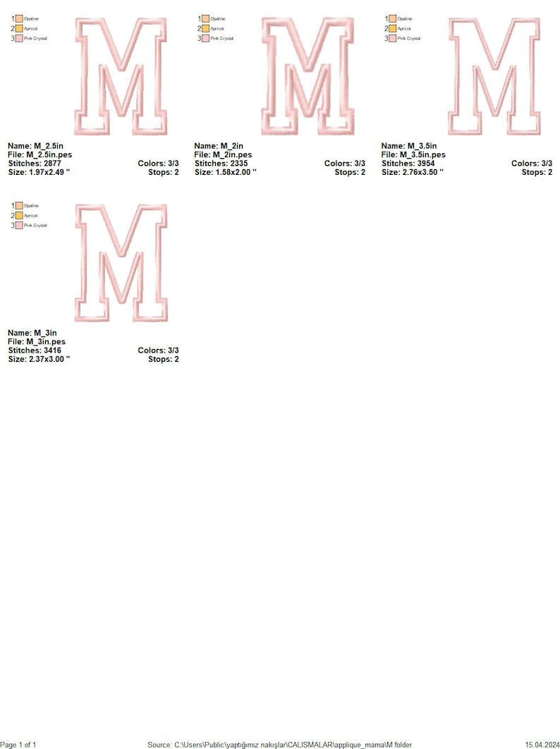 May include: Four different sizes of an embroidered letter M in pink and white. The letter M is outlined in white and filled in with pink. The sizes are 2.5 inches, 2 inches, 3 inches, and 3.5 inches.