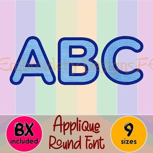 May include: Blue embroidered letters "ABC" with a rounded font, set against a pastel striped background. The image includes text that says "BX included", "Applique Round Font", and "9 sizes".