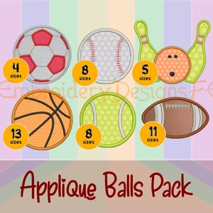 May include: Applique embroidery designs for sports balls, including a soccer ball, baseball, bowling ball, basketball, tennis ball, and football. The designs are available in multiple sizes.