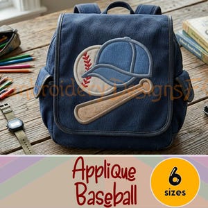 May include: A denim backpack with a baseball-themed applique featuring a baseball, cap, and bat. The backpack has a flap closure and side pockets. The image also includes a pencil case, pencils, a watch, and a toy car.