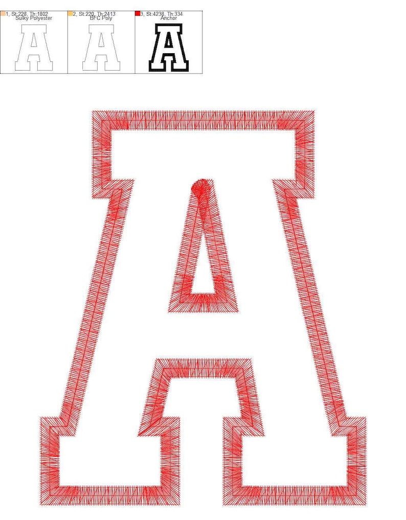 以下が含まれることがあります： 大学のブロックフォントスタイルで赤く刺繍された文字A。デザインは太い輪郭と塗りつぶされた中央部が特徴で、文字全体にステッチのパターンが見えます。上部には、文字を示す3つの小さなアイコンが表示されています。