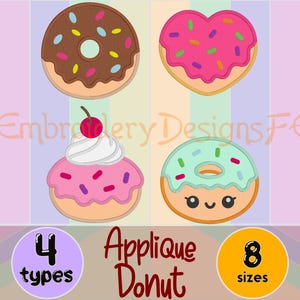 Könnte beinhalten: Vier Arten von Applikations-Donut-Designs in acht Größen. Die Donuts sind in verschiedenen Farben und Formen, darunter ein Herz, ein runder Donut mit Streuseln, ein runder Donut mit einer Kirsche oben drauf und ein runder Donut mit einem Gesicht.