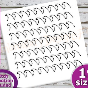 May include: A white sheet of paper with a black dashed line pattern of waves. The text "Single & Triple Run Versions" and "Stitch animation included" is on the left side of the paper. The text "19 sizes" is on the right side of the paper in a purple circle.