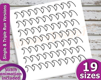 May include: A white sheet of paper with a black dashed line pattern of waves. The text "Single & Triple Run Versions" and "Stitch animation included" is on the left side of the paper. The text "19 sizes" is on the right side of the paper in a purple circle.