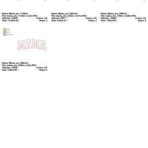 May include: Four different sizes of a pink and white "MAMA" embroidery design. The designs are in a classic font with a slight arch. The designs are 11.04 x 4.20 inches, 9.46 x 3.60 inches, 7.96 x 2.99 inches, and 6.43 x 2.41 inches.