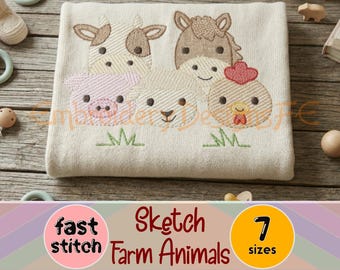 Farm Animals Sketch Embroidery Design – Cow Pig Horse Sheep Chicken – Fast Stitch Fill – 7 Sizes – Cute Barnyard Files