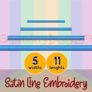 Op de afbeelding: Een afbeelding die een blauw satijnen lijnstikselontwerp laat zien met 5 breedtes en 11 lengtes. De tekst "Satin Line Embroidery" staat onder het ontwerp.