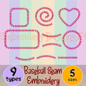 May include: A digital design featuring nine baseball seam embroidery patterns in various shapes, including squares, circles, and a heart. The design is in a vibrant pink color, set against a pastel striped background. The text indicates 9 types and 5 sizes.