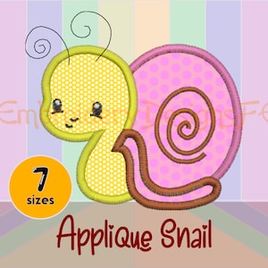 May include: Applique snail embroidery design in 7 sizes. The snail is yellow with a pink shell with white polka dots. The snail has a brown mouth and eyes.