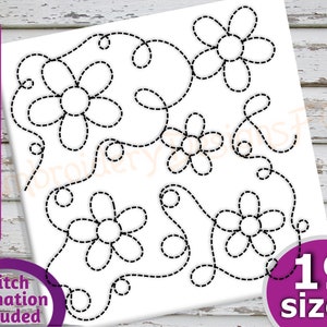 May include: Black and white embroidery design of five flowers with swirls. The design is available in 19 sizes and includes stitch animation.