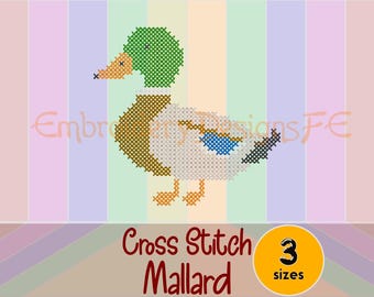 Mallard Duck Cross Stitch Embroidery Design, Duck Embroidery Pattern, Waterfowl Machine Embroidery, Woodland Bird Cross Stitch