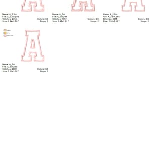 May include: Four different sizes of a pink and white embroidered letter A. The letter is in a bold, blocky font style. The sizes are 2.5 inches, 2 inches, 3 inches, and 3.5 inches.
