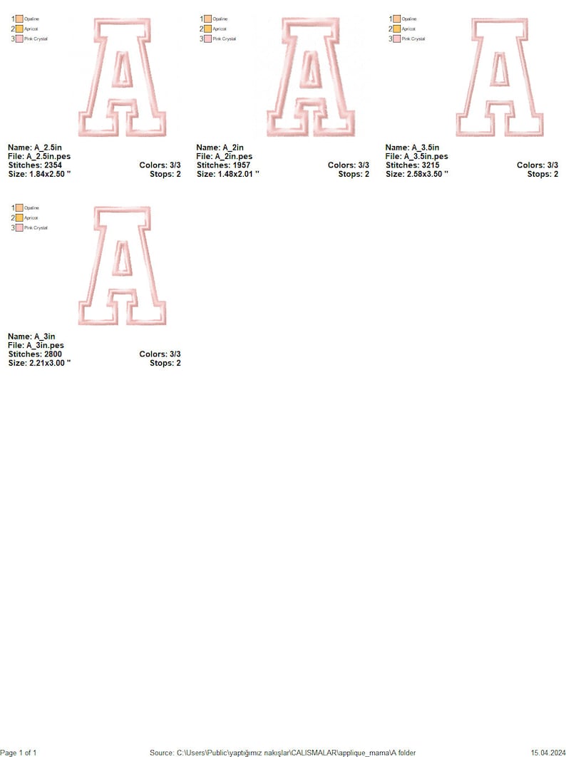 May include: Four different sizes of a pink and white embroidered letter A. The letter is in a bold, blocky font style. The sizes are 2.5 inches, 2 inches, 3 inches, and 3.5 inches.