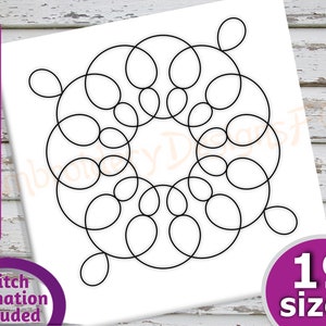 May include: Black and white line art design of a mandala with overlapping circles. The design is available in 19 sizes and includes stitch animation.