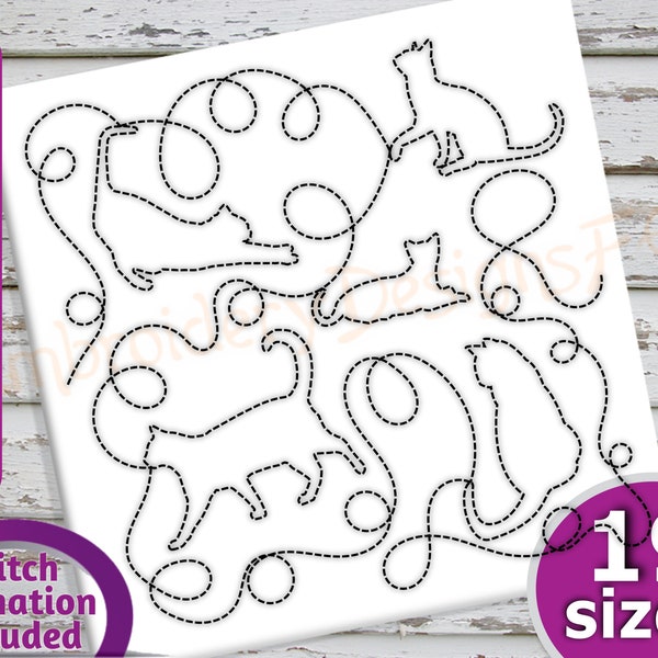 May include: A digital download of 19 different sizes of a cat design for machine embroidery. The design is made up of a series of connected lines that form the shape of a cat. The design is perfect for creating a unique and personalized embroidery project.