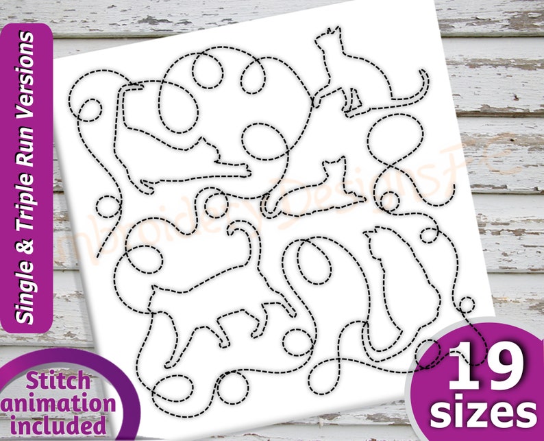 Cat Quilt Block Embroidery Design - 19 Sizes - Run & Triple Stitch Versions - Continuous Quilt Blocks Embroidery, Quilting Embroidery