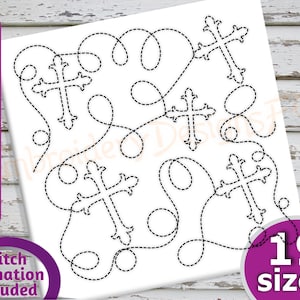 May include: A black and white digital embroidery design of a cross pattern with a dashed line stitch. The design is available in 19 sizes. Stitch animation is included.