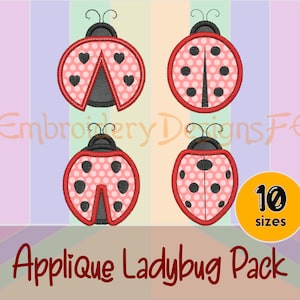 Ladybug Applique Design Set - 4 Types of Ladybug - 10 Sizes Each - Machine Embroidery Design